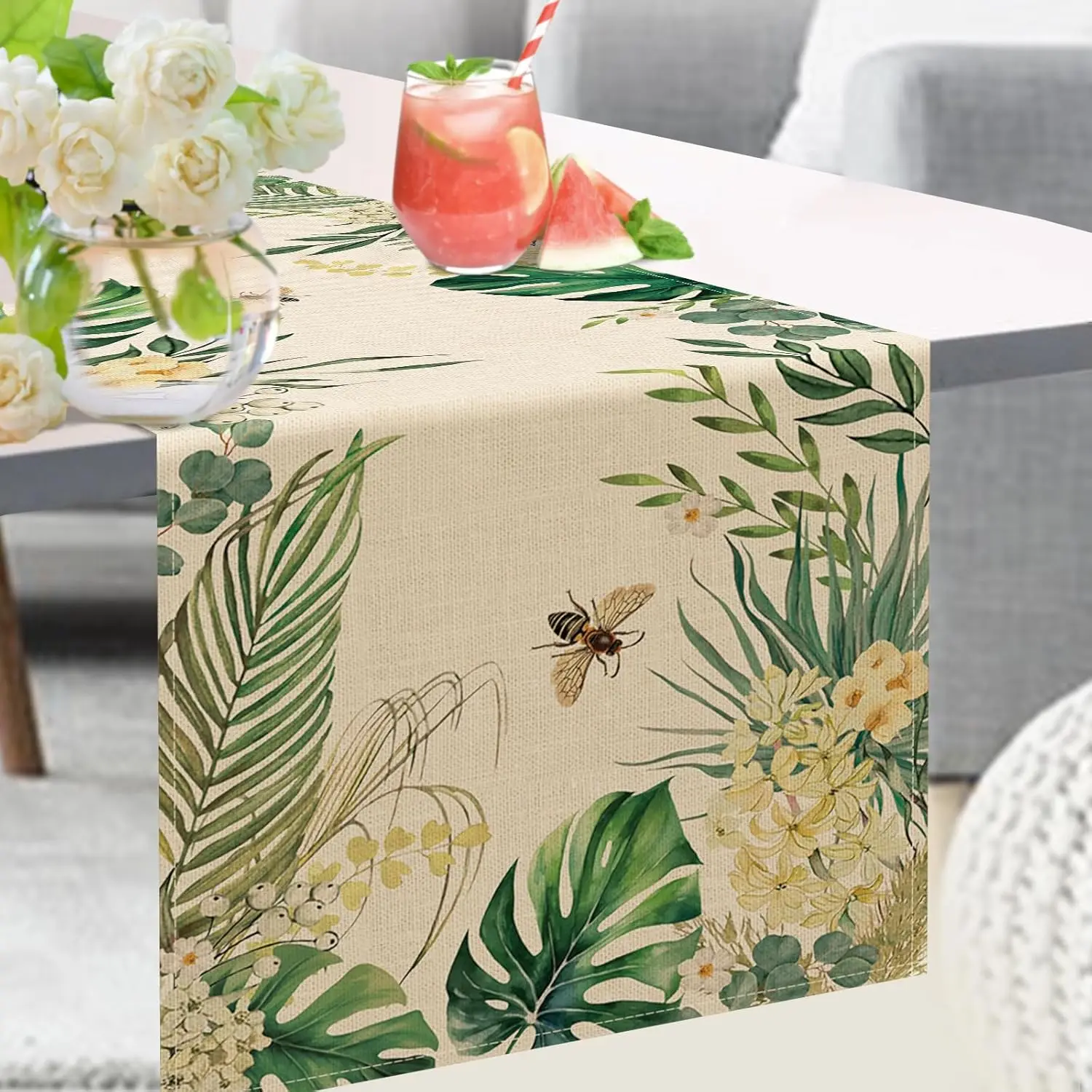 Spring Summer Palm Leaves Bee Linen Table Runner Party Decor Tropical Green Plant Kitchen Dining Table Runner Home Decorations