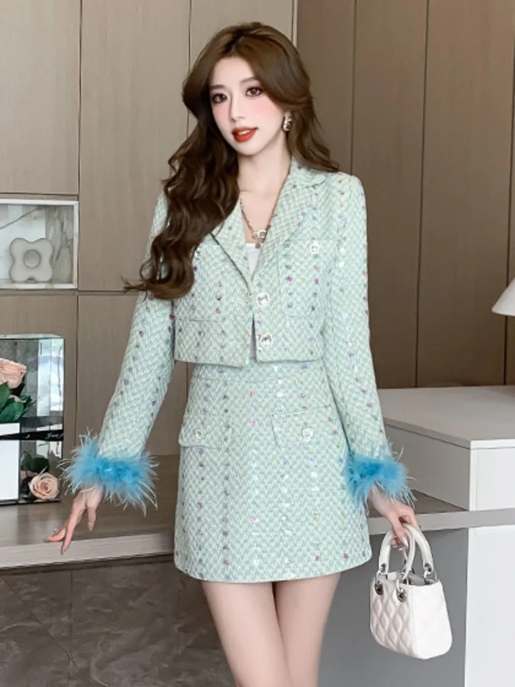 High Street French Light Luxury Small Fragrance Two Piece Set Women Jacket Coat + Skirt Suits Sweet Fashion Tweed 2 Piece Outfit