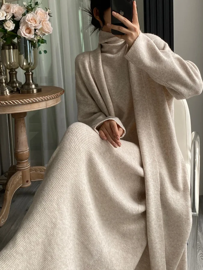 

Вязаный жилет Ele High Ne длиной до колена, открытый кардиган, свитер и длинная юбка, комплект из футболок для женщин, зимняя мода