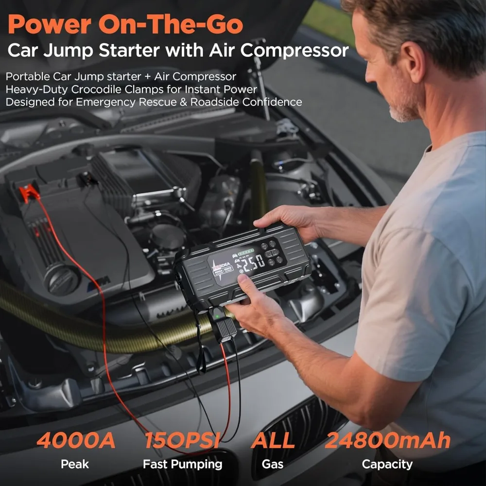 بطارية السيارة المحمولة الانتقال كاتب 4000A مع ضاغط الهواء 150PSI منفاخ لإطارات السيارة حزمة الطاقة لأدوات RV للسيارات