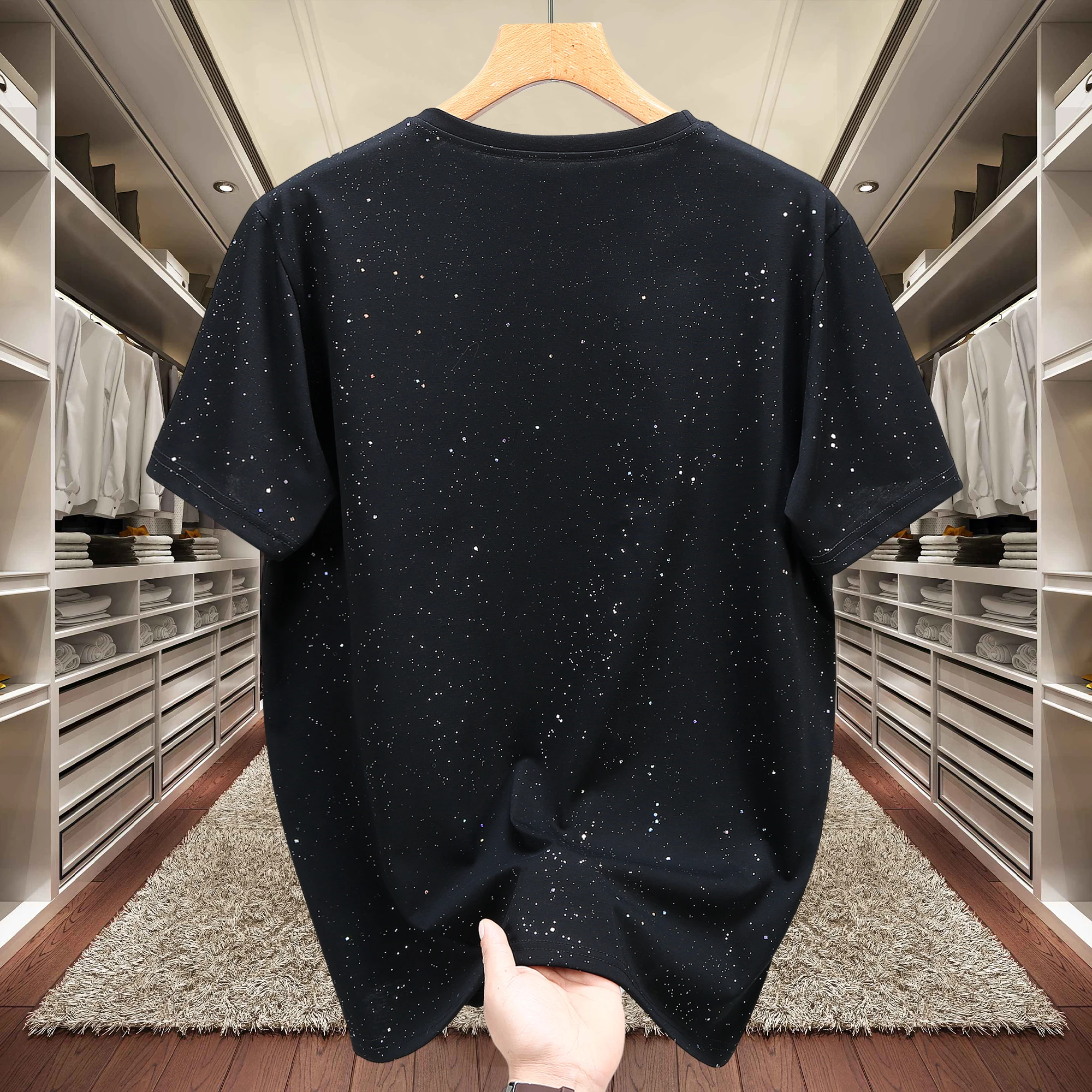 Fashionable round neck short sleeved T-shirt for men full sky star hot diamond fit short bottomed plus size