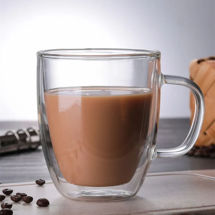 Water Cup with Hand Milk Cup Borosilicate Glass Juice Cup Glass Household Transparent Ear-Hanging Double-Layer Coffee Cup Wiskey