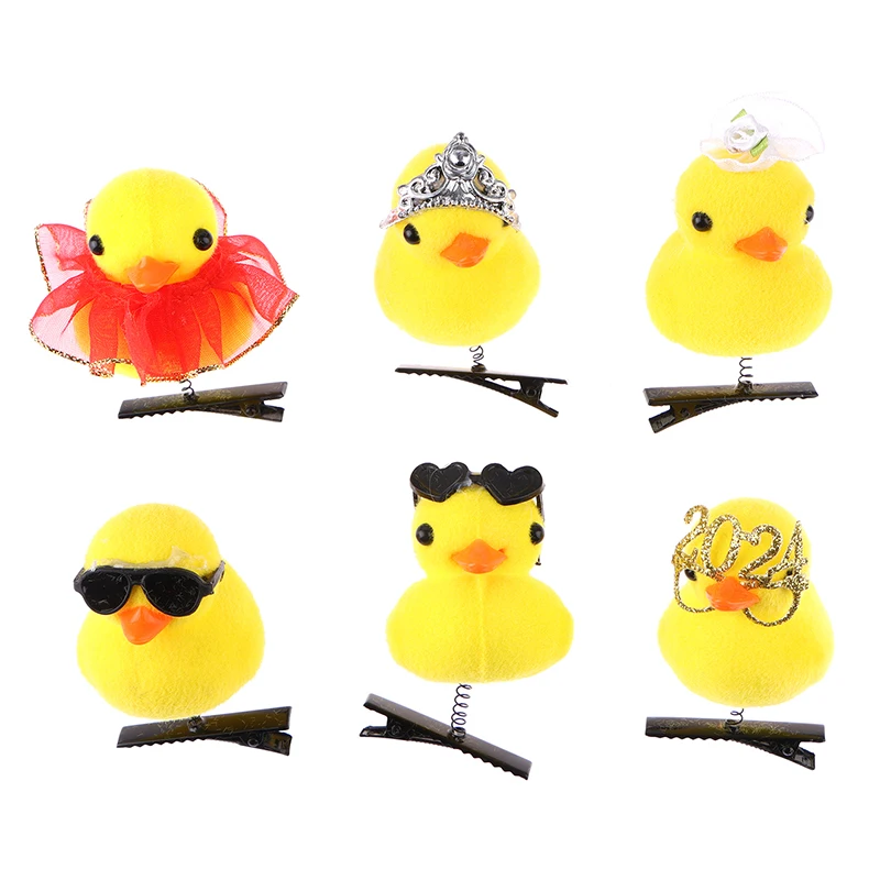 Tocado bonito y divertido, pequeño pato amarillo de dibujos animados en 3D con gafas de sol, corona, pinzas para el cabello de primavera, juguetes de peluche, adornos para el cabello