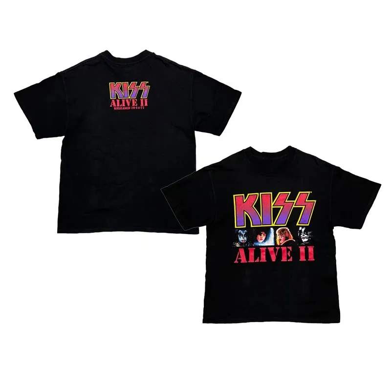 Camiseta de Manga Corta de Algodón Puro, Estilo Americano, con Estampado Retro de la Banda de Hard Rock Nacional Kiss, Holgada, para Verano