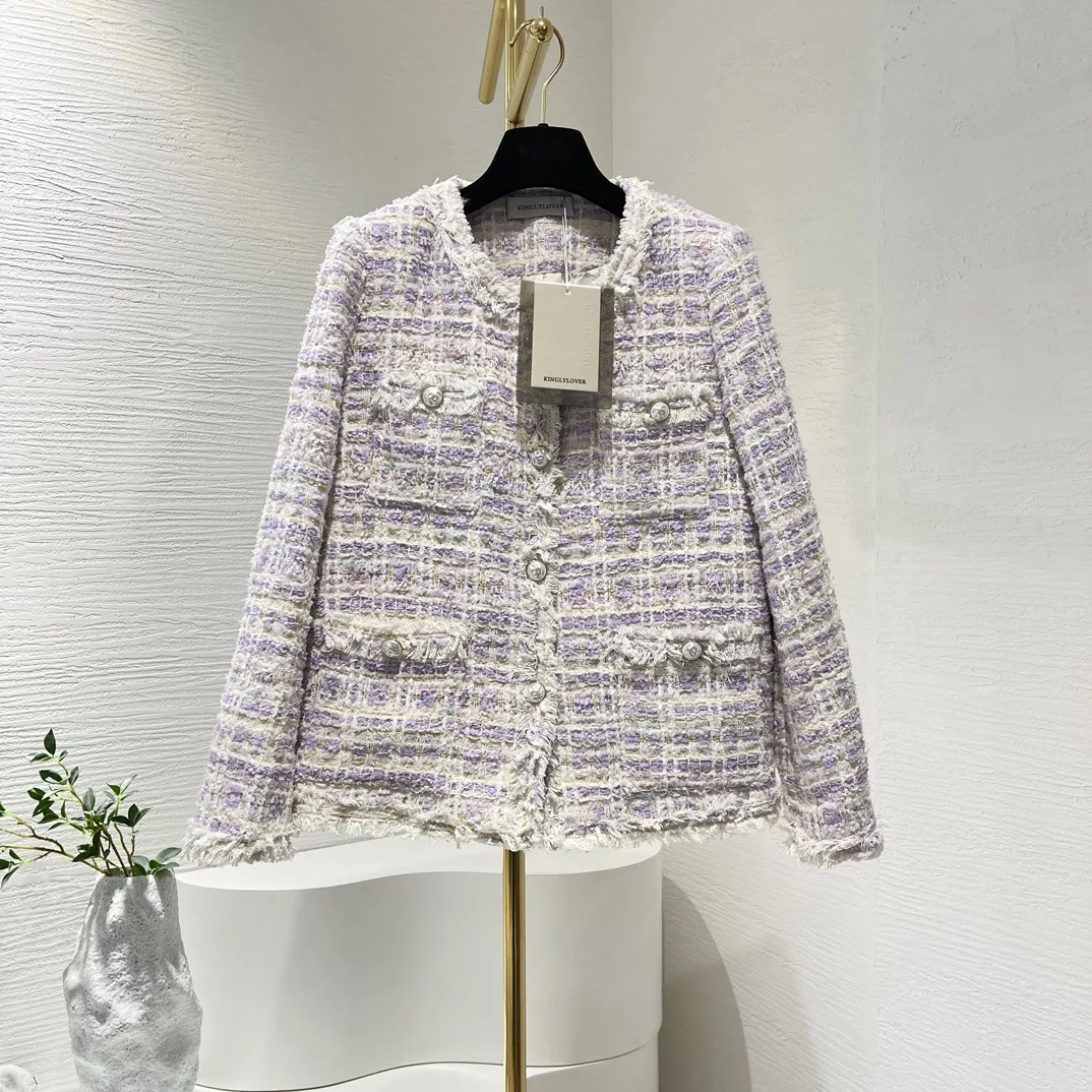 2024 New Autumn Winter Purple Violet Tassels Neck Plaid Long Sleeve Tweed Down Jacket for Women