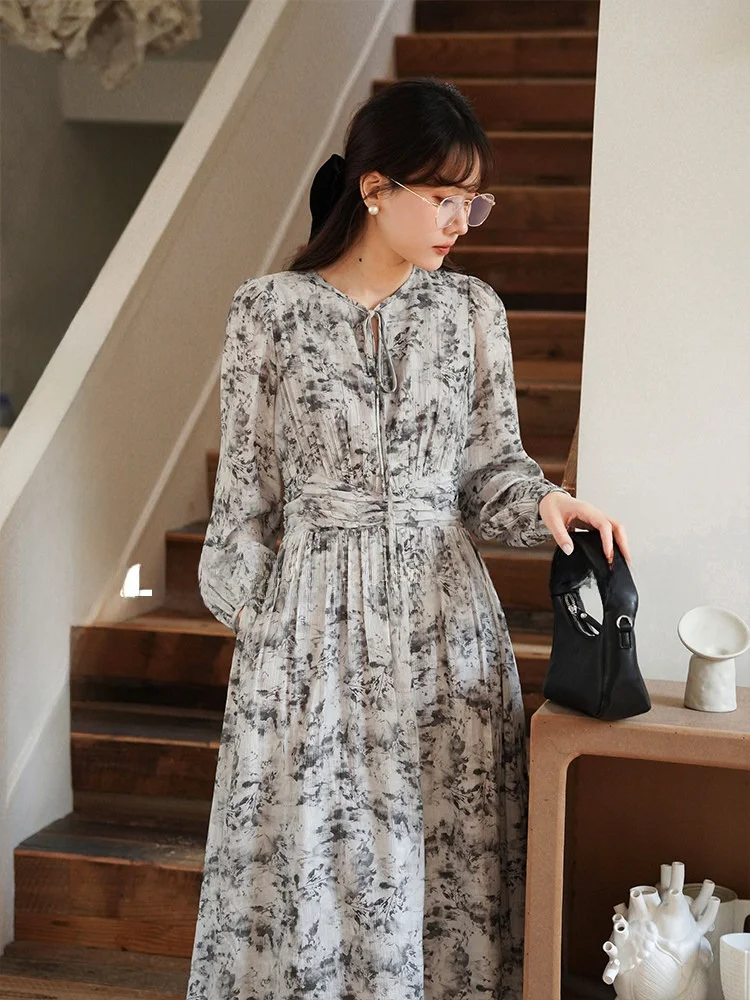 

Sweet Temperament Long Sve Water-Media Print Dr Women's Spring Slim A-Line Chiffon Gown High Waist V-Ne Ci Walk