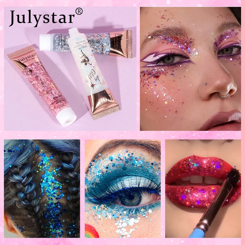 Julystar Mermaid Scale Gel Sequins eye shadow Liquid Face Lip Colorful Body Polarized Stage Sequins eye shadow