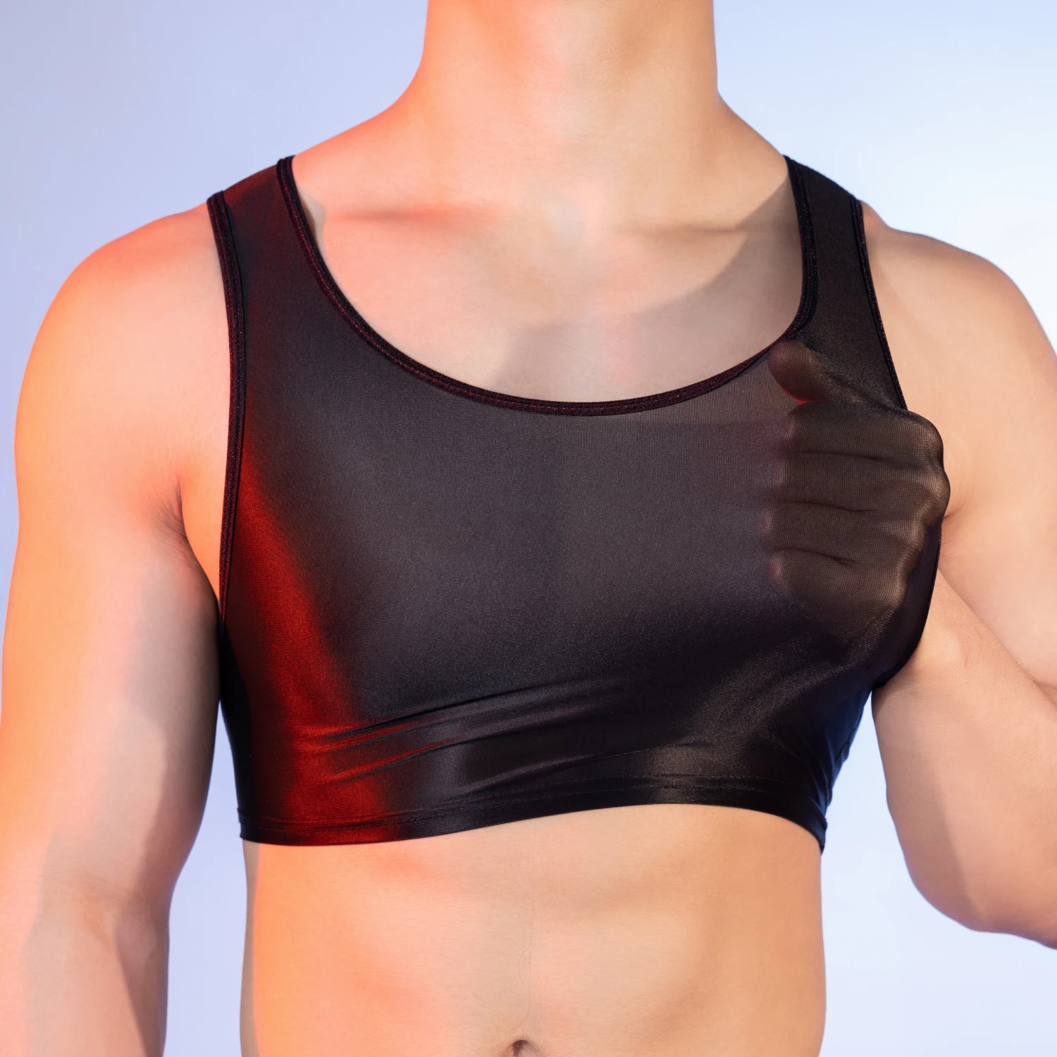 Men See Through Sexy Crop Tops O-neck Sleeveless Tight T-Shirts Soft Ice Silk Ultra-thin Vest Nightclub Party Clothing