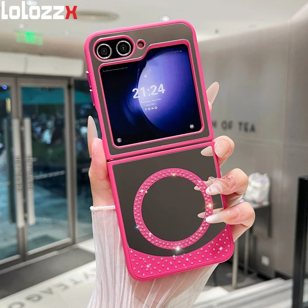 Funda de teléfono plegable con espejo para Samsung Z Flip7, funda Magsafe magnética con diamantes brillantes para Galaxy Z Flip6 Flip5 Flip 4 3, funda dura para PC