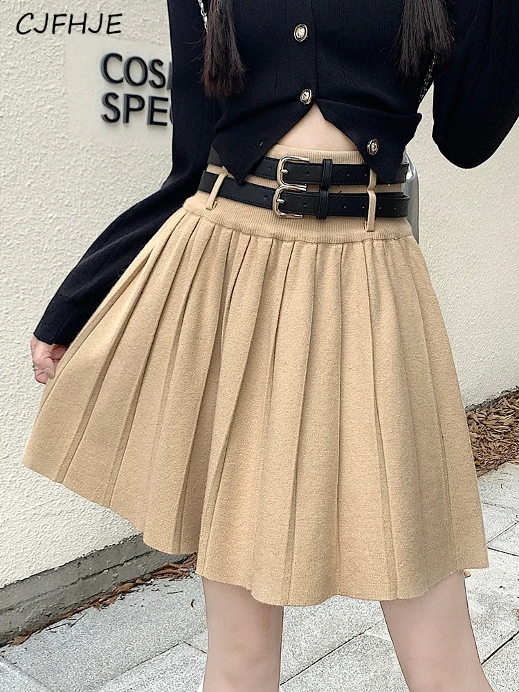 CJFHJE Pink Double Belt Knitted Pleated Mini Skirts High Waist Loose Casual A-Line Khaki Skirts Solid Color Korean Fashion Skirt