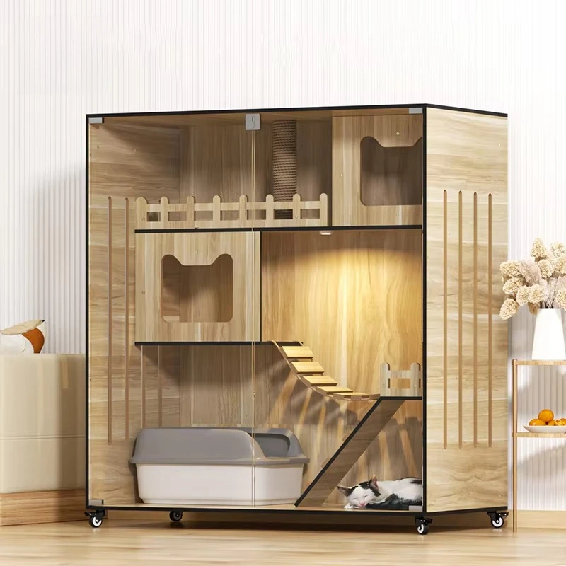 Luxury Wooden Cat Villa Indoor Cat Cage Furniture Large Cat House Cabinet With Climbing Platform Scratching Post OEM For Pet