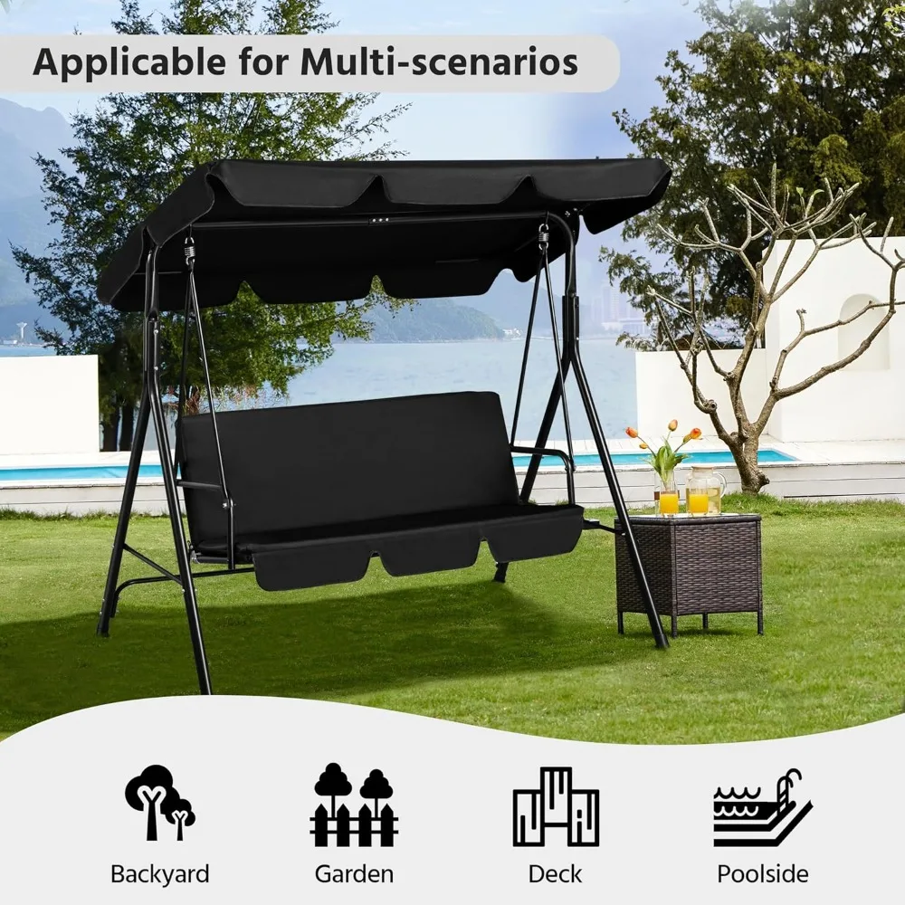 3-Seat Patio Swing Chair, Outdoor Canopy Swing Porch Swing with Adjustable Canopy & Removable Cushion