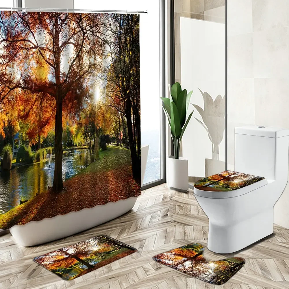 Forest Lake Scenery Shower Curtain Autumn Park Sunshine Trees Maple Leaf Landscape Bath Mat Toilet Lid Cover Bathroom Carpet Set