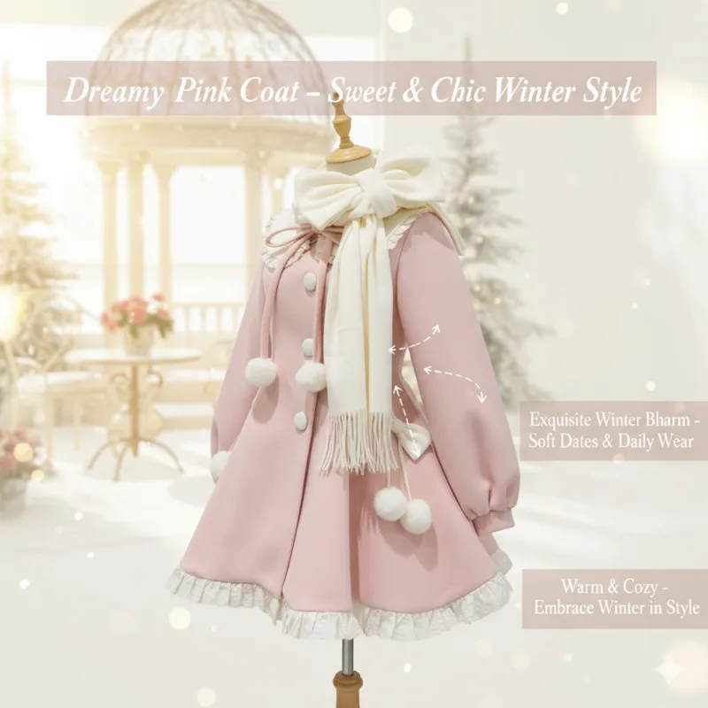 Bow Dresses Midi Dresses Chic Fall Winter Wool Coat Scarf Set Sweet Petite Women Two-Piece Outfit Elegant Soft Warm Layered Set
