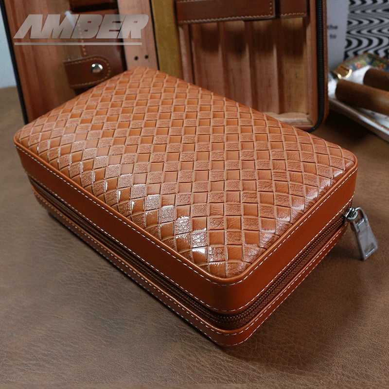 Cigar Case 4- cigars tubes Leather  Travel Portable Humidor with Cedar Wood Lined with Stainless Steel Cigars Cutter