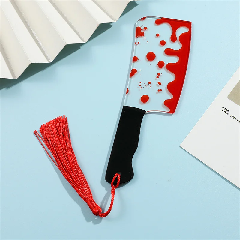 1Pcs Horror Knife Clear Acrylic Bookmark with Tassel, Halloween Themed Series Chopper Saw with Blood, Halloween for Bookworms