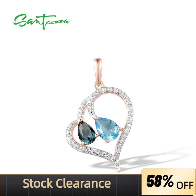 

SANTUZZA Pure 925 Sterling Silver Pendant for Women Sparkling Blue Stones White CZ Heart Pendant Elegant Gifts Fine Jewelry