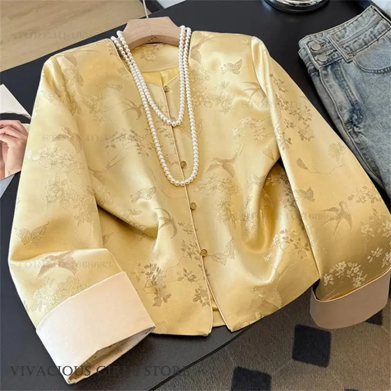 

Традиционный костюм Тан: Женская блузка-жакет, винтажное жаккардовое пальто Ханьфу, топ-ципао, повседневная верхняя одежда из шелкового атласа, китайская одежда