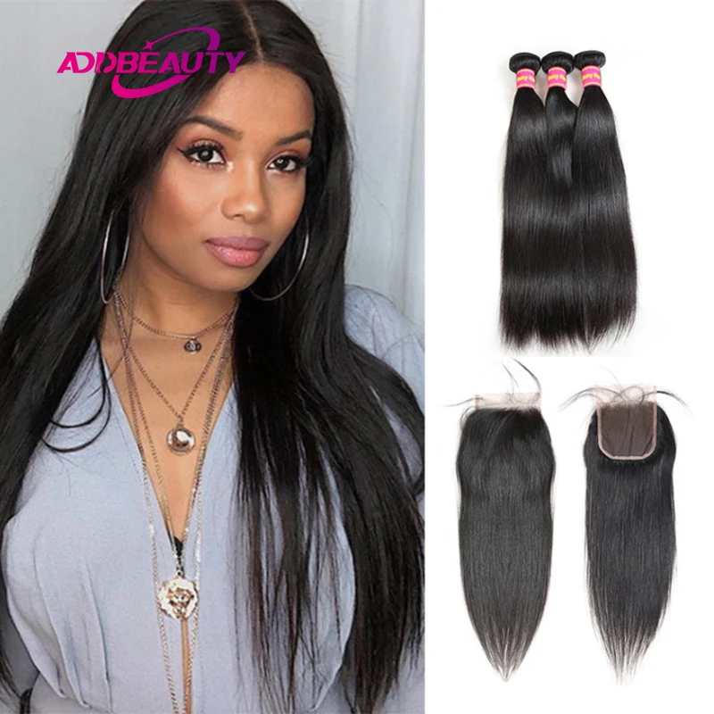 Fast Shipping Addbeauty Straight Raw Virgin Hair Weaving 4x4 HD Lace Closure With Human Hair Bundles Natural Color Double Drawn