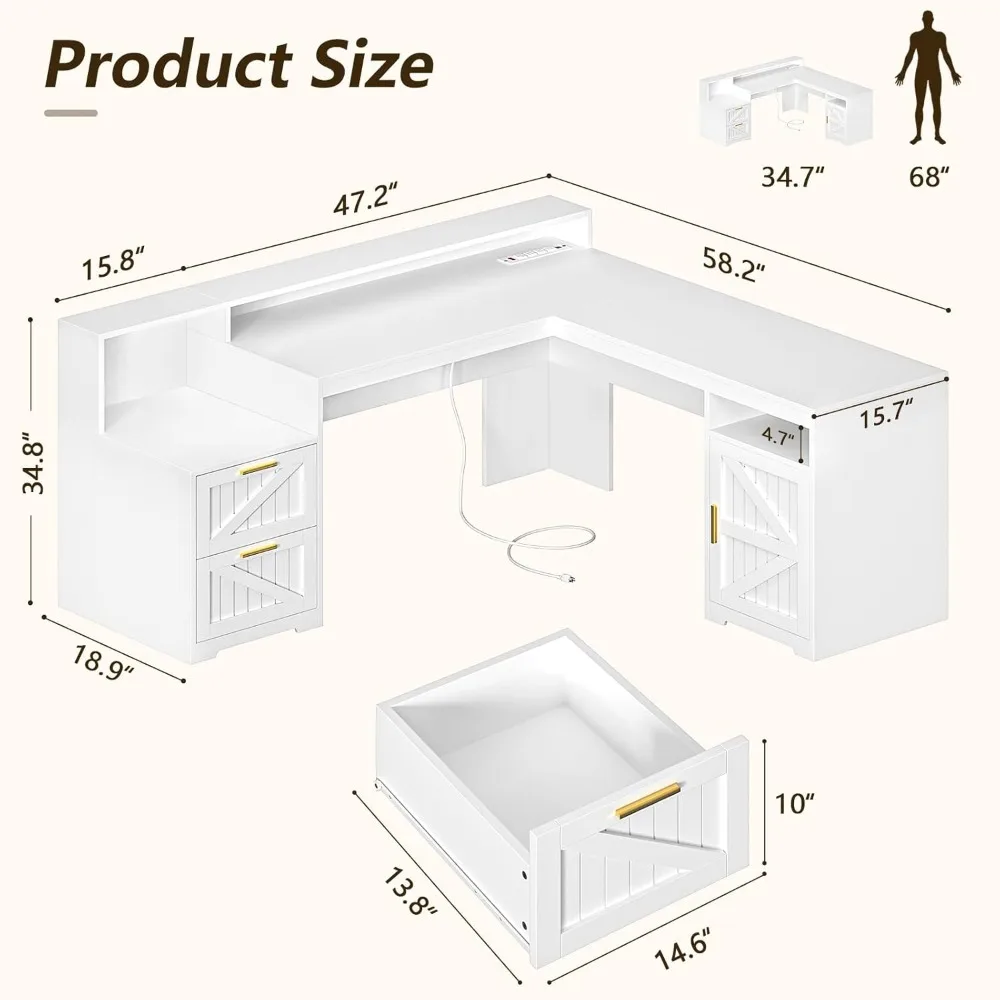 مكتب تنفيذي على شكل حرف L مقاس 63 بوصة مع أدراج ورف تخزين، مكتب كمبيوتر زاوية مع منافذ طاقة، على شكل حرف L