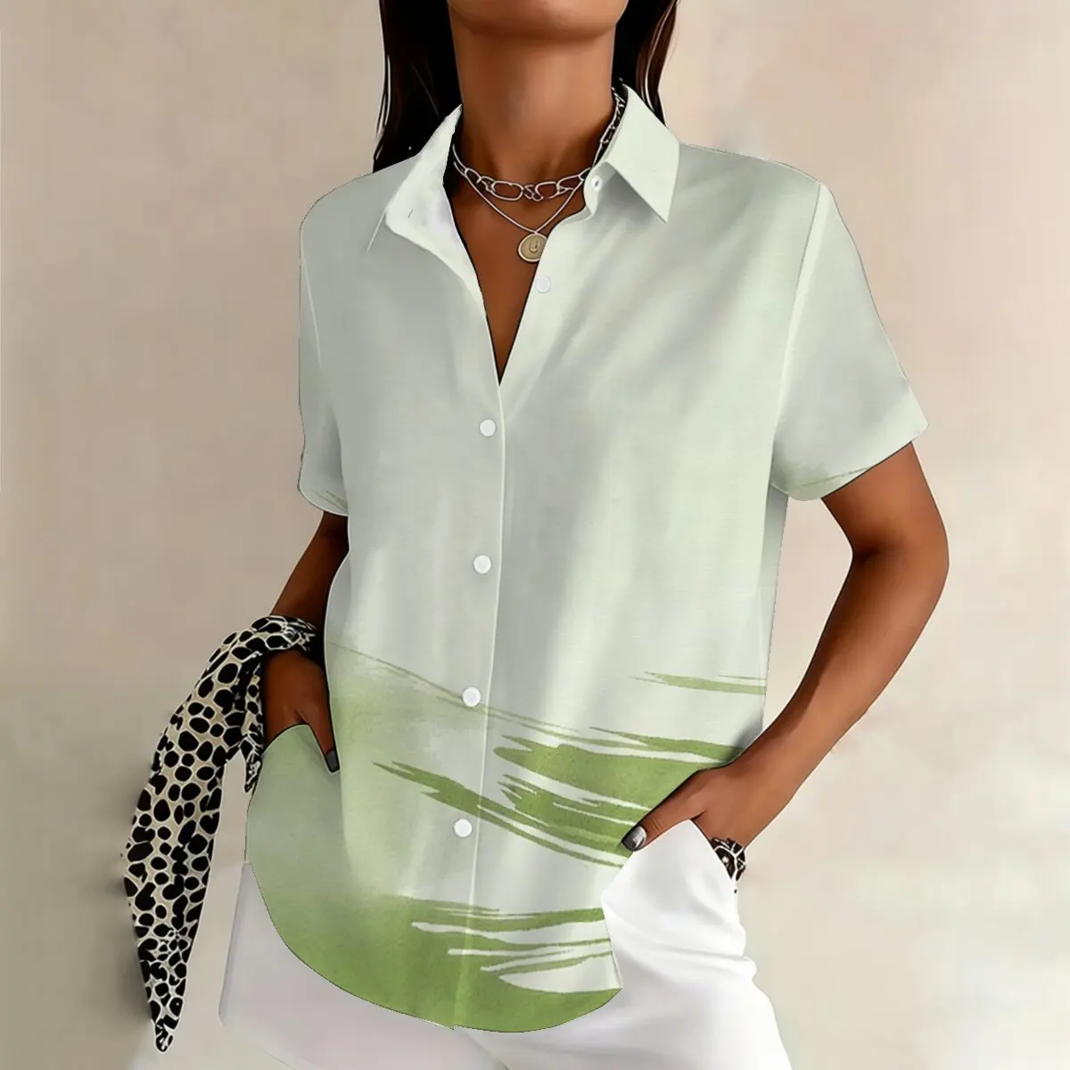 

Plus-size women's summer short-sleeve shirt, fresh green with striking visual effect, suitable for gatherings and outings.