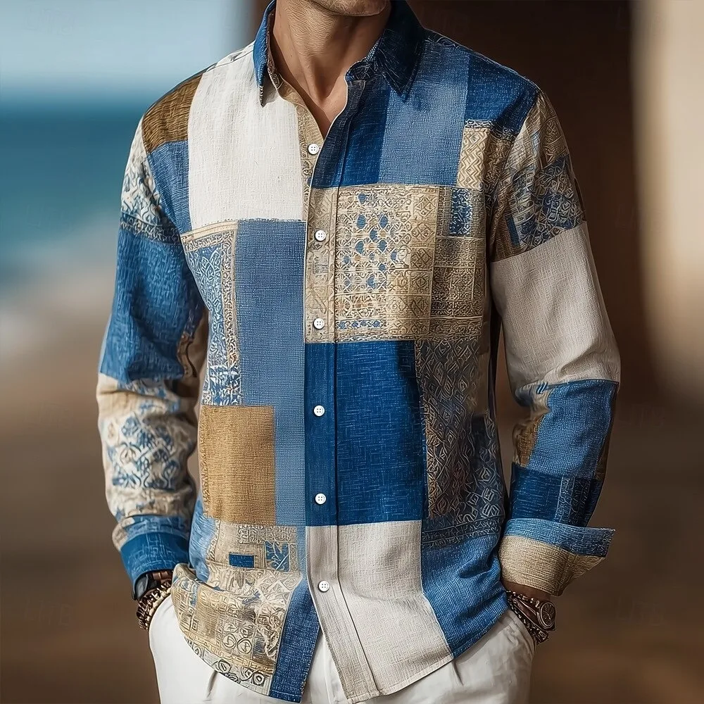 New men's color blocked geometric pattern shirt button long sleeved retro outdoor casual lapel 3D printed lapel shirt