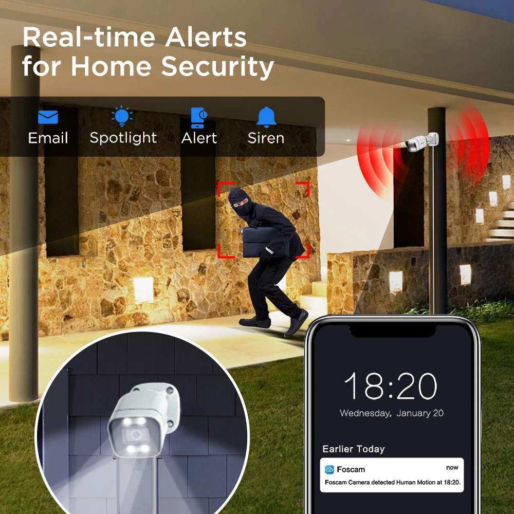 FOSCAM-cámara de seguridad IP POE para exteriores, dispositivo de vigilancia para el hogar, con detección inteligente de personas y coches, visión nocturna a Color, 5MP