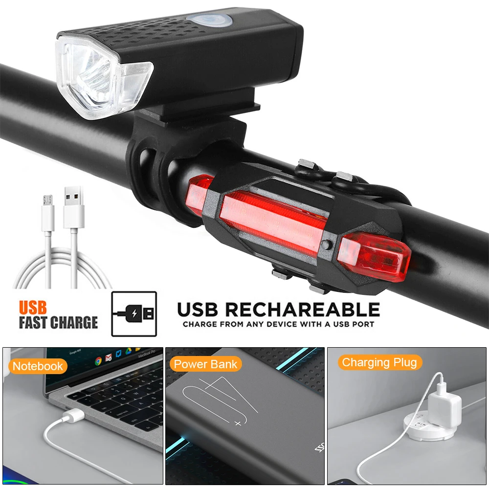 USB 충전식 자전거 라이트 세트, 미등 포함 전조등, 쉬운 설치, 3 가지 모드 자전거 액세서리