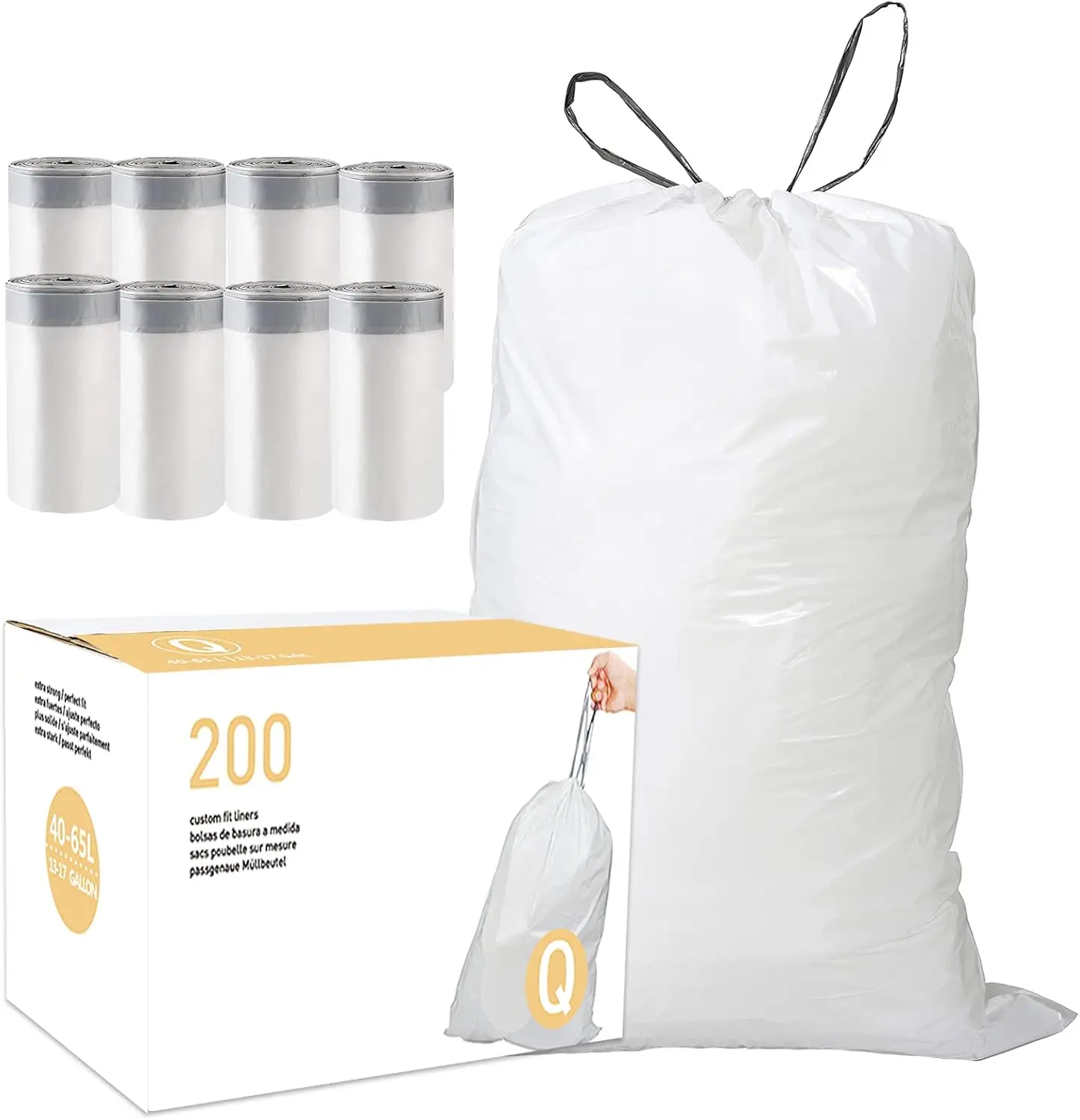 

Code Q (200 Count) 13-17 Gallon Heavy Duty Drawstring Plastic Trash Bags Compatible with simplehuman Code Q,1.2 Mil,White Drawst