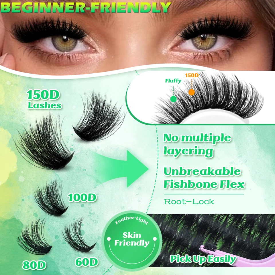 Kit de Clusters de Pestañas, 10–18 mm Curvatura D 60D/80D/100D/150D Naturales Gruesas Volumen Pestañas Individuales Libro Set Pegamento para Pestañas Extensión 4