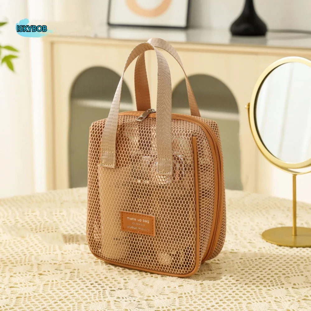 

Large Capacity Mesh Handheld Makeup Bag Square Zipper Transparent Mesh Cosmetic Bag Organizer Case Multi-layer