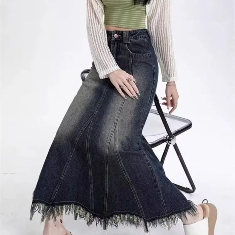 Vintage Front Slit Long Denim Skirt Women Sexy High Waist Tassel Maxi Skirt 2026 New Spring Autumn Pocket Skirt Saia Feminina - view 2