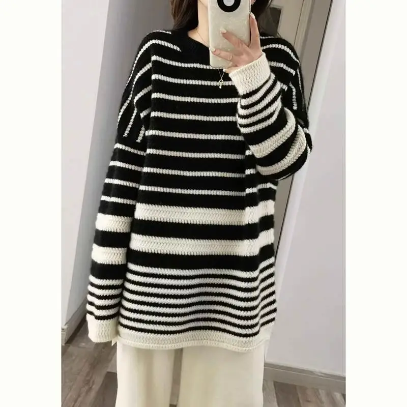 Women's sweater long autumn/winter 100% pure wool pullover casual striped knitted Tops loose round neck Blouse basic all-match