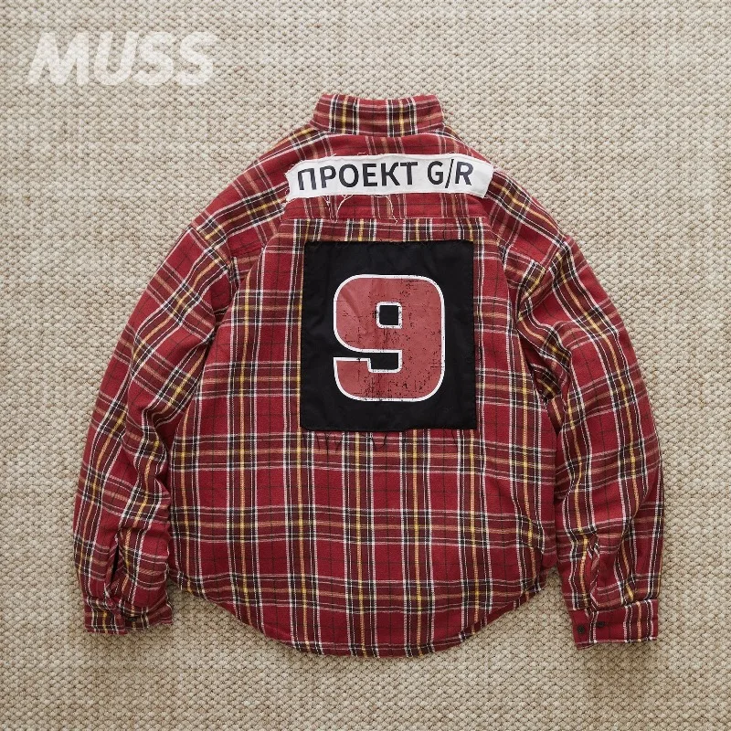 

Red Project GR Back Big Embroidery Patch Digit 9 Logo Plaid Zipper Shirt Jackets Men Women Winter Thick Cotton V-shape Coats