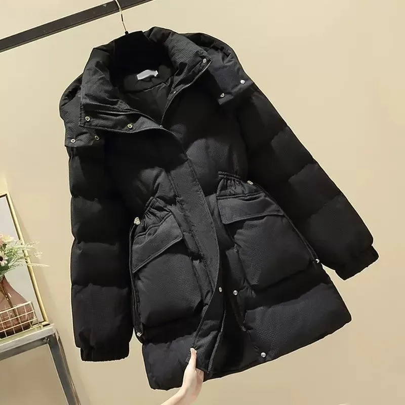 

2023 New Women Cotton Coat Winter Jacket Female Mid Length Version Parkas Waisted Slim Outwear Quilted Hooded Thicken Overcoat