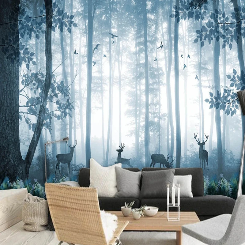 

Custom Mural Wallpaper 3D Hand Painted Blue Forest Elk Wall Painting Children's Bedroom Kindergarten Home Decor Fresco Poster