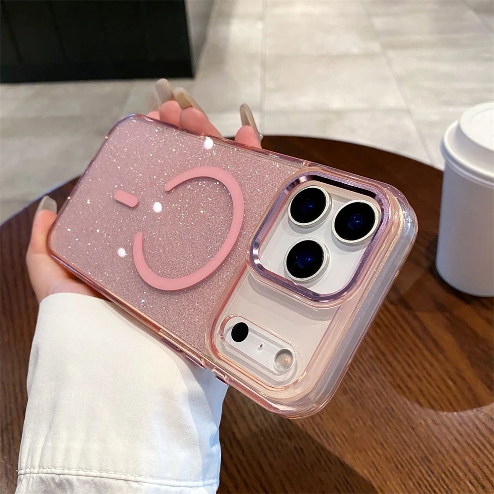 

Glitter Magnetic Wireless Charging Candy Color Case for iPhone 17 Pro Max 17 Air for Magsafe Metal Lens Frame Bling Cover Funda