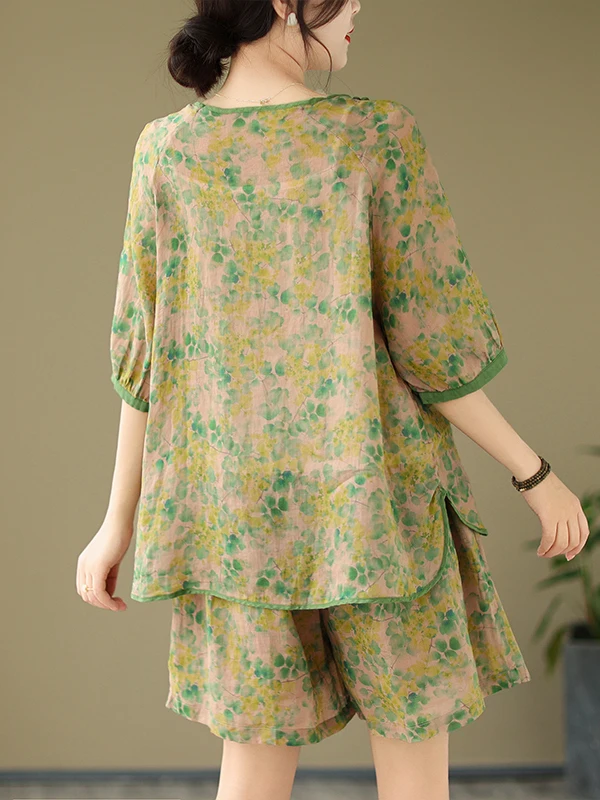 Ele Set irt orts con stampa in cotone e lino Completo estivo Faion da donna Completo in due pezzi con bottoni e dettagli