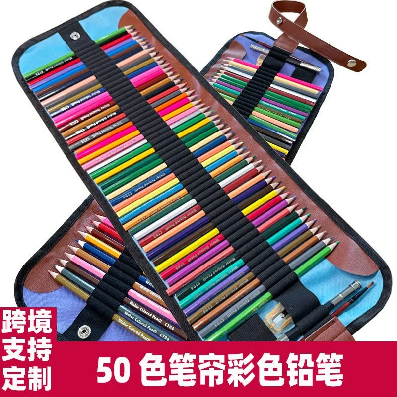 Wooden Colored Pencil Set with Roll Case, 50 Colors Drawing Pencils Art Kit for Students Beginners Sketching Coloring and Art