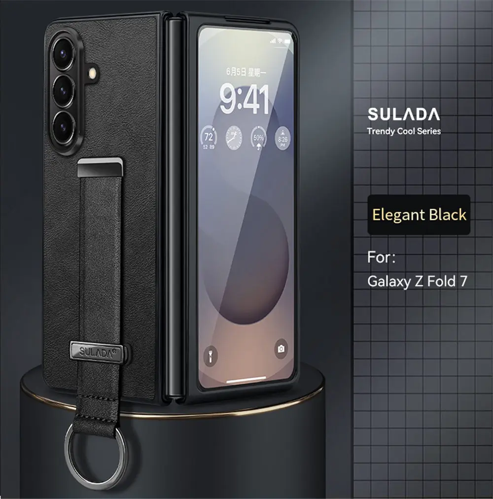 

Luxury PU Leather Slim Case For Samsung Galaxy Z Fold7 Wristband Ring Holder Cover