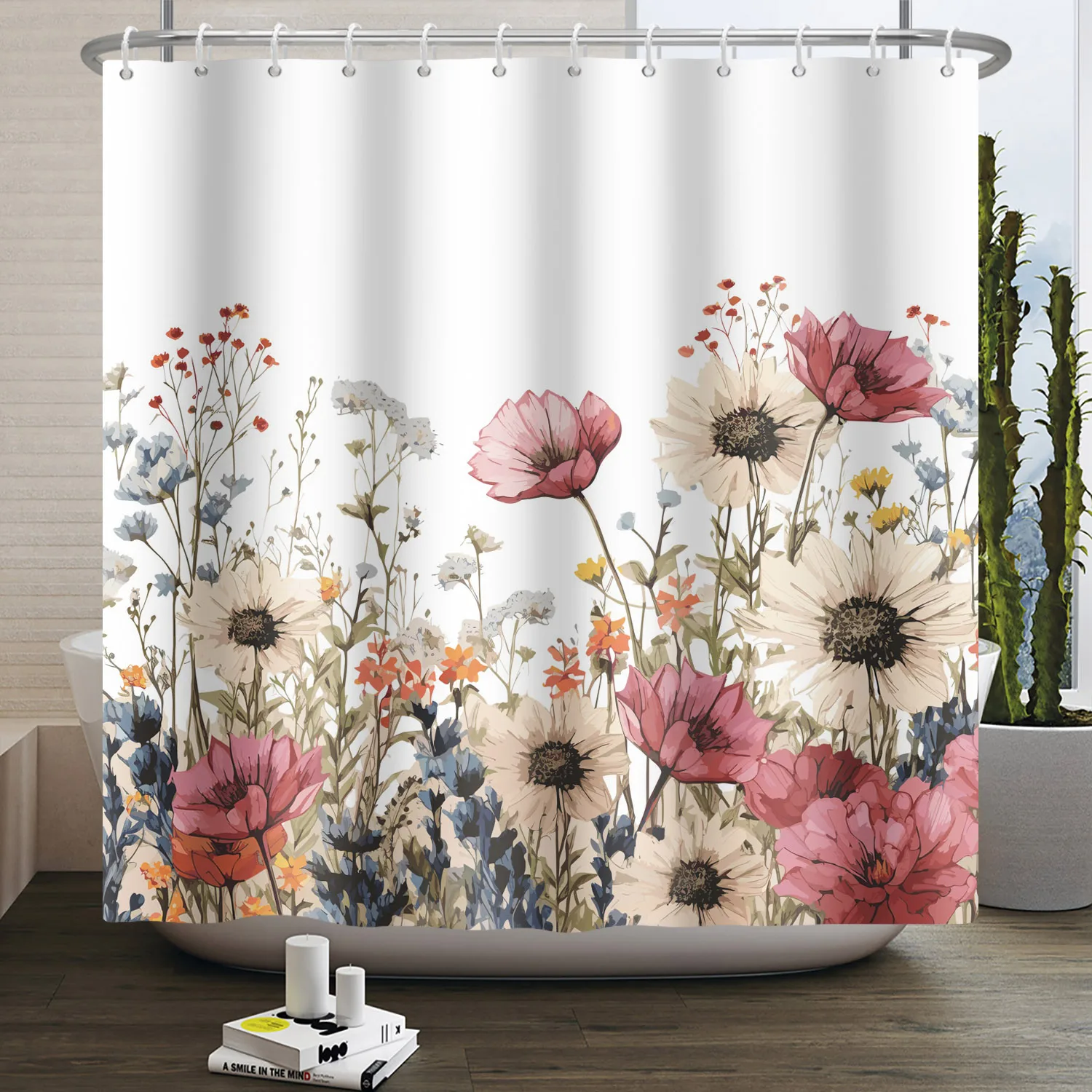 Watercolor Floral Shower Curtain for Bathroom Spring Elegant Flower Printed Bath Curtain Botanical Wildflower Bathroom Decor