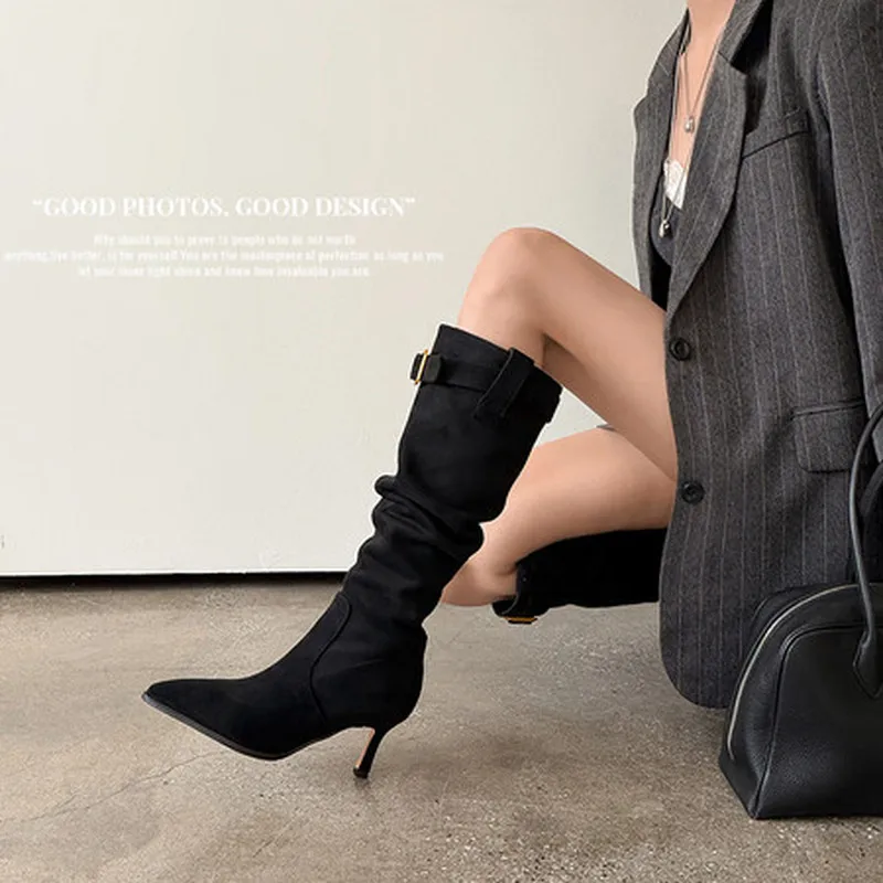 Suede High Calf Boots Pointed Toe Thin Mid Heel Metal Decor Spliced TPR Sole Pigskin Insole Four Season Daily Women Footwear F36