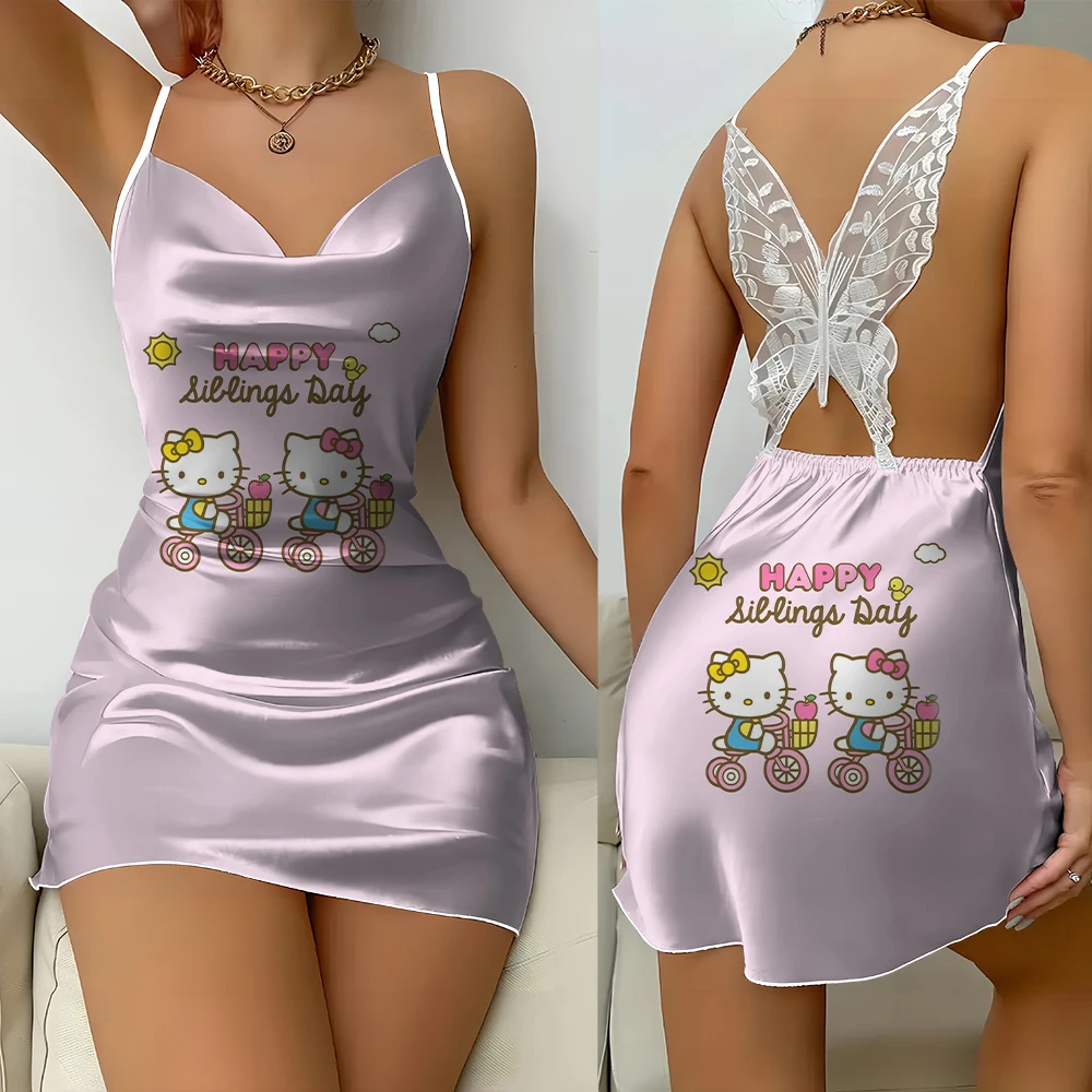 Vestido para casa de satén de verano con estampado de Hello Kitty para mujer, camisón cómodo informal sexy con tirantes de encaje y espalda descubierta de mariposa