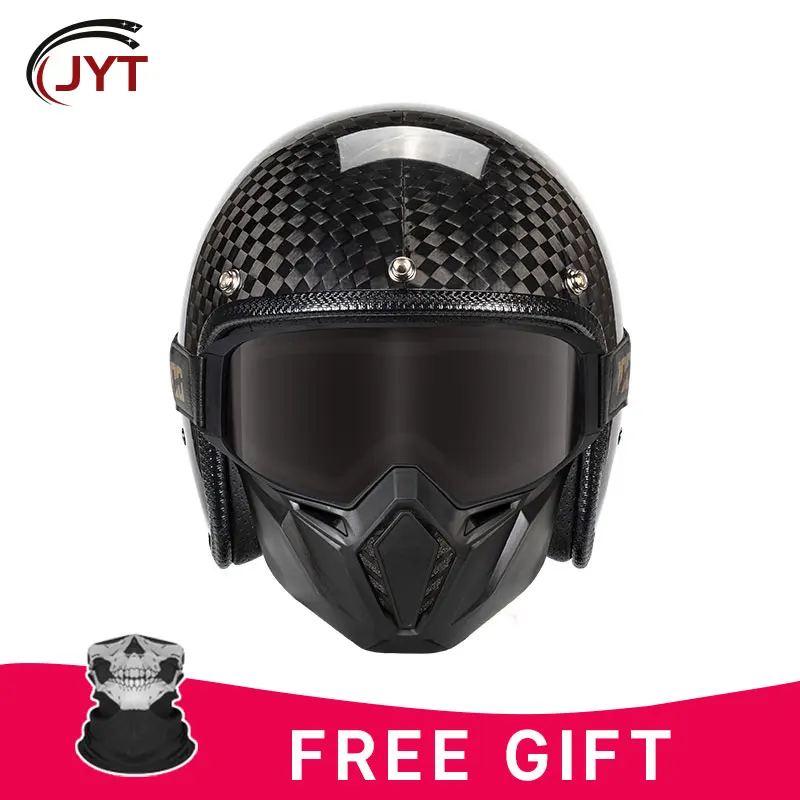 Open Face Carbon Fiber Helmet Retro 3/4 Motorcycle Helmets with Anti-fog Mask Men Jet Style Four Seasons DOT