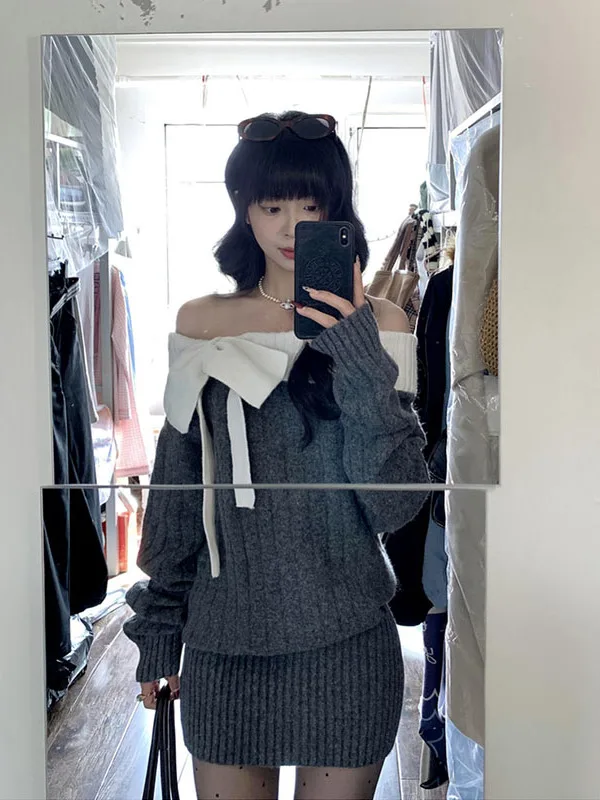 

Gray Knitted Sweater Dress One-Shoulder Wrap around Women's Fashion Autumn Winter New Style Short Skirt Elegant Quality