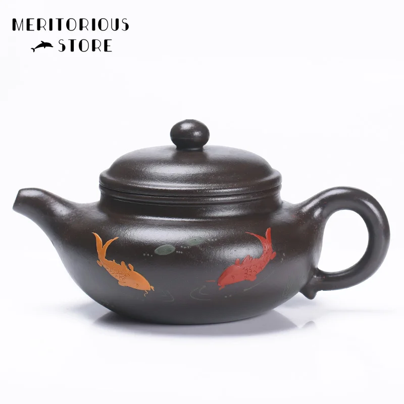 Fish Funny Black Zhu Mud Colourful Mud Painted Yixing Teapot Pure Hand Handmade Xi Shi Pot Purple Clay 300ml  Tie Guanyin Puer