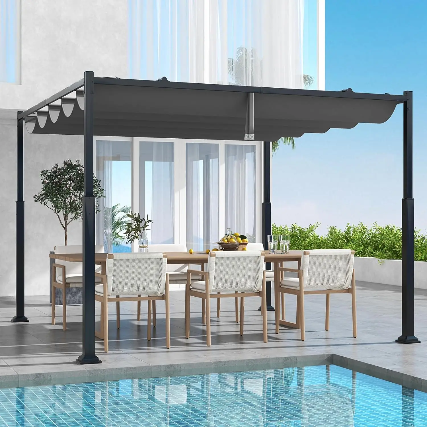 

10x10Ft Pergola Patio Pergola with Retractable Sun Shade Canopy Extra Large Patio Shelter Pavilion Outdoor Pergola for Deck Porc