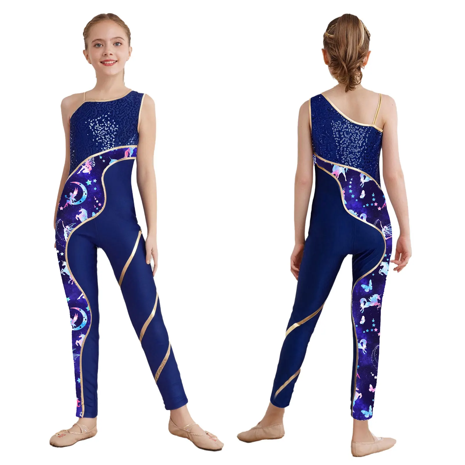 Girls Sleeveless Gymnastic Jumpsuit Shiny Sequins Print Full Length Leotard Bodysuit Ballet Dance Unitard Skating Yoga Workouts