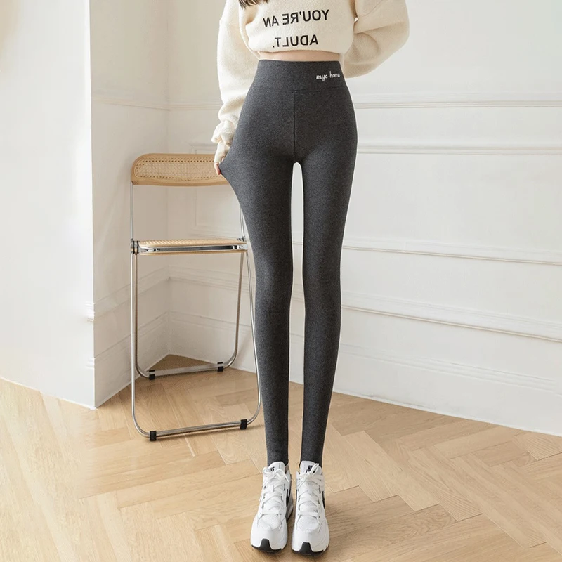 Pluszowe, grube, prążkowane legginsy z koreańskim haftem literowym, codzienne legginsy damskie, jednolite, wygodne, ciepłe legginsy zimowe.