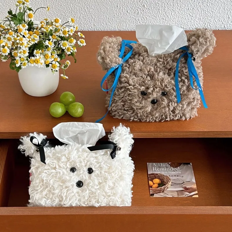 Cute Plush Dog Tissue Box Creative Drawing Paper Box Dormitory Women's Home Living Room Desktop Tissue Box